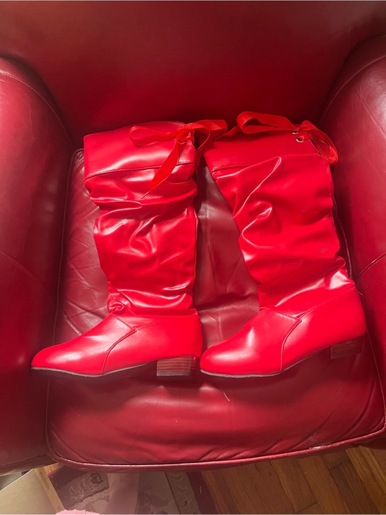 Shoes - Red Slouch Boots with Ribbon Tie